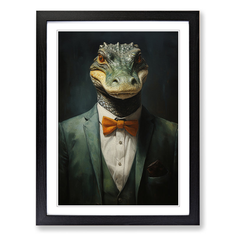 XYZ-FRM-V1223-455 Crocodile In A Suit Painting - Single Picture Frame Print on Wood, Black, 64cm H x 46cm W x 2cm D