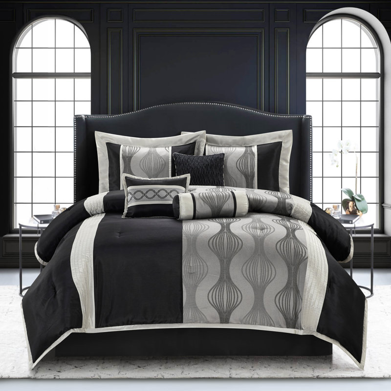 Queen Black and Silver Microfiber 7-Piece Comforter Set