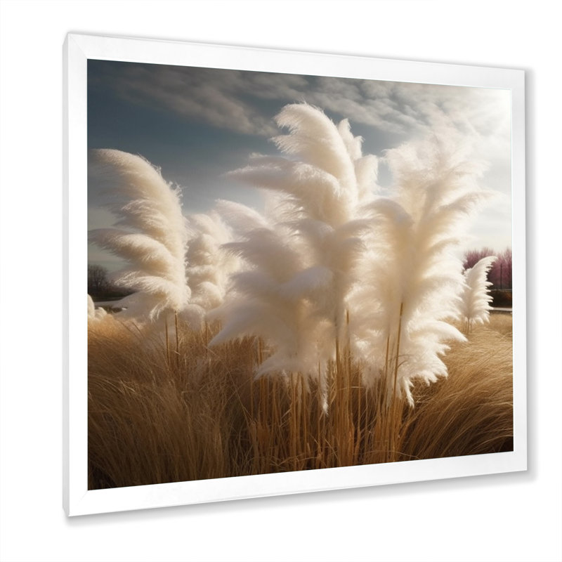 «White Pampas Meadows III», art mural floral, Cadre simple blanc, H 36 po x l 36 po x P 1,5 po