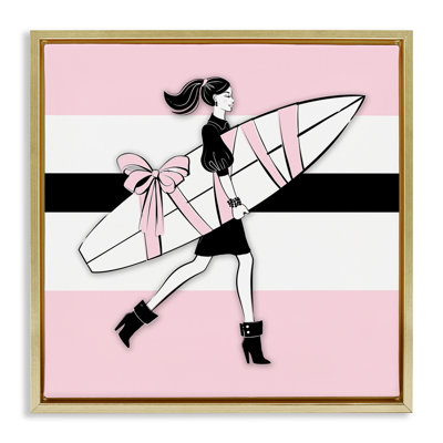 «Glam Girl with Surfboard», toile encadrée flottante grise par Martina Pavlova