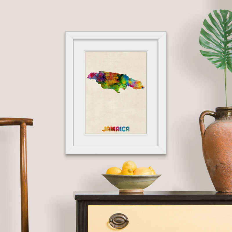 «Abarca Jamaïque Watercolor Map» par Michael Tompsett - reproduction, Cadre blanc, H 24 po x l 20 po x P 1 po
