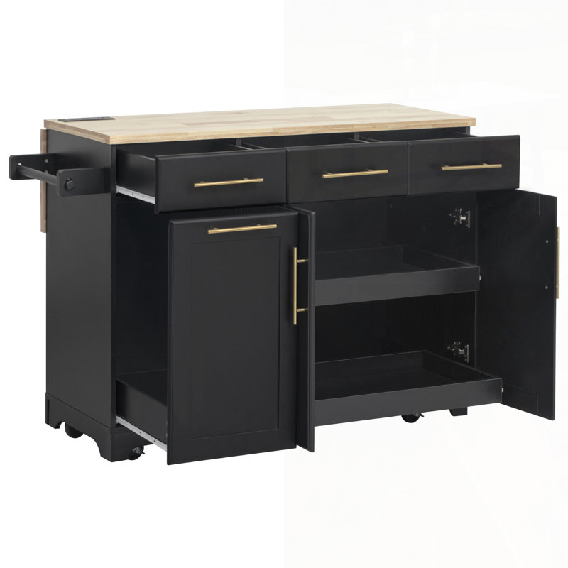 Multifunctional Rolling Kitchen Island With 2 Pull Out Cabinet Organizers, Rubber Wood Drop Leaf, And Built-In Power Outlet For Enhanced Storage And Convenience