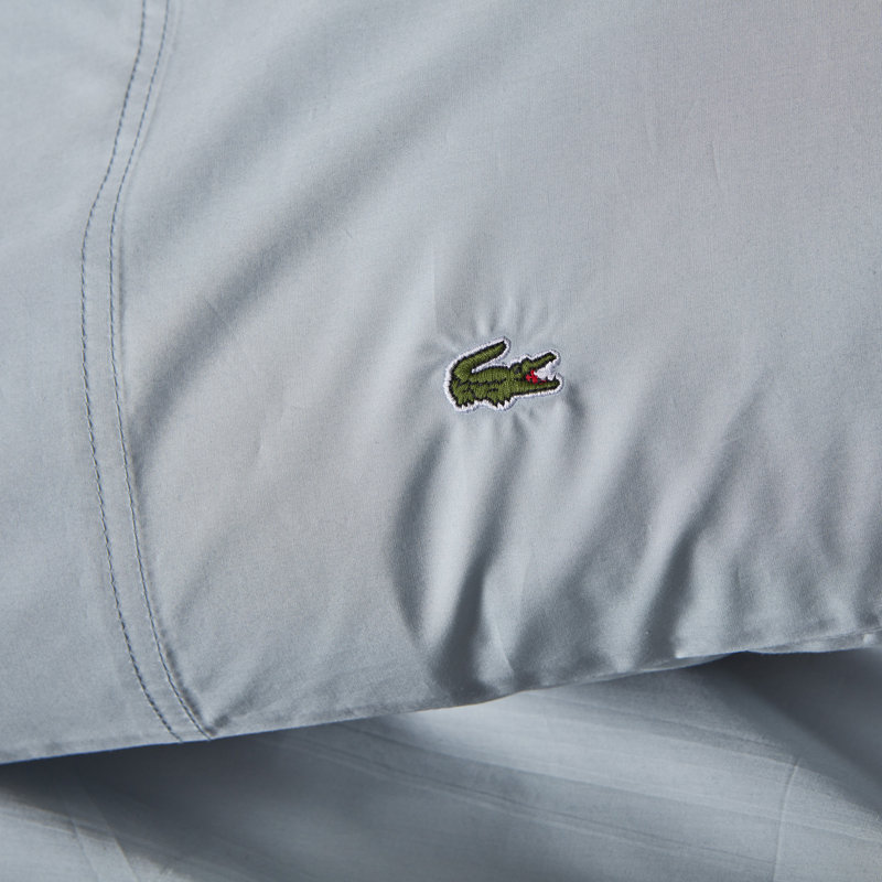 Lacoste Center Line Cotton Percale Sheet Set, Lightweight and Breathable Crisp Feel with Embroidered Crocodile, Light Blue, Twin
