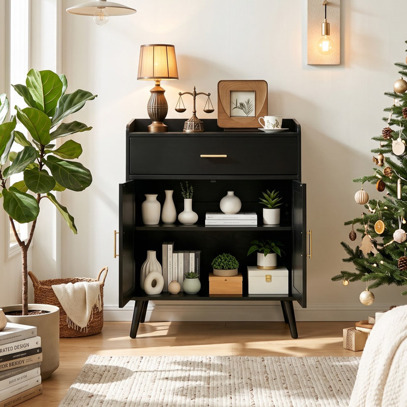 Buffet Bargamin Farmhouse avec tiroirs et pieds en bois massif, Noir
