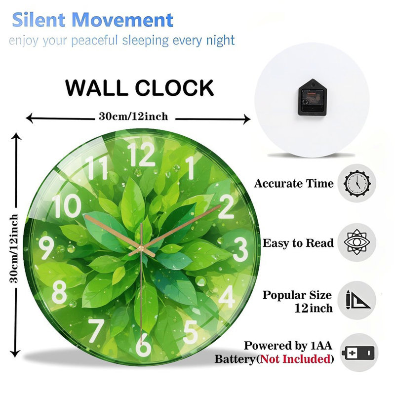 Horloge murale verte en forme de feuille verte avec gouttelettes d'eau 12 po