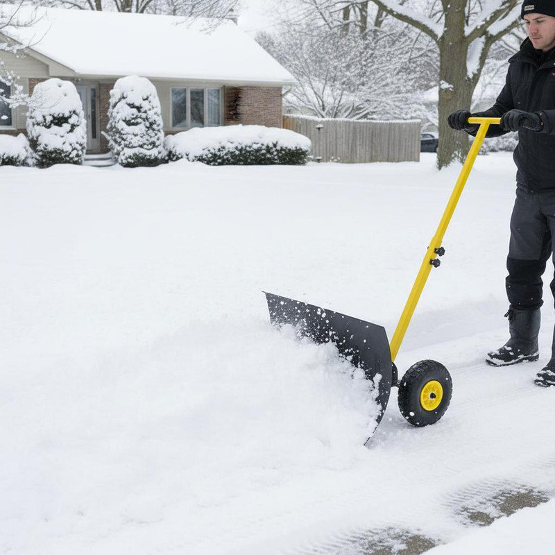 Snow Shovel with Wheels,29.1"W Heavy Duty Portable Snow Pusher Shovel Heavy Duty Metal Snow Shovel with Snow Removal 5-Position Angled Blade & Adjustable Handle for Driveway Car Home Garage