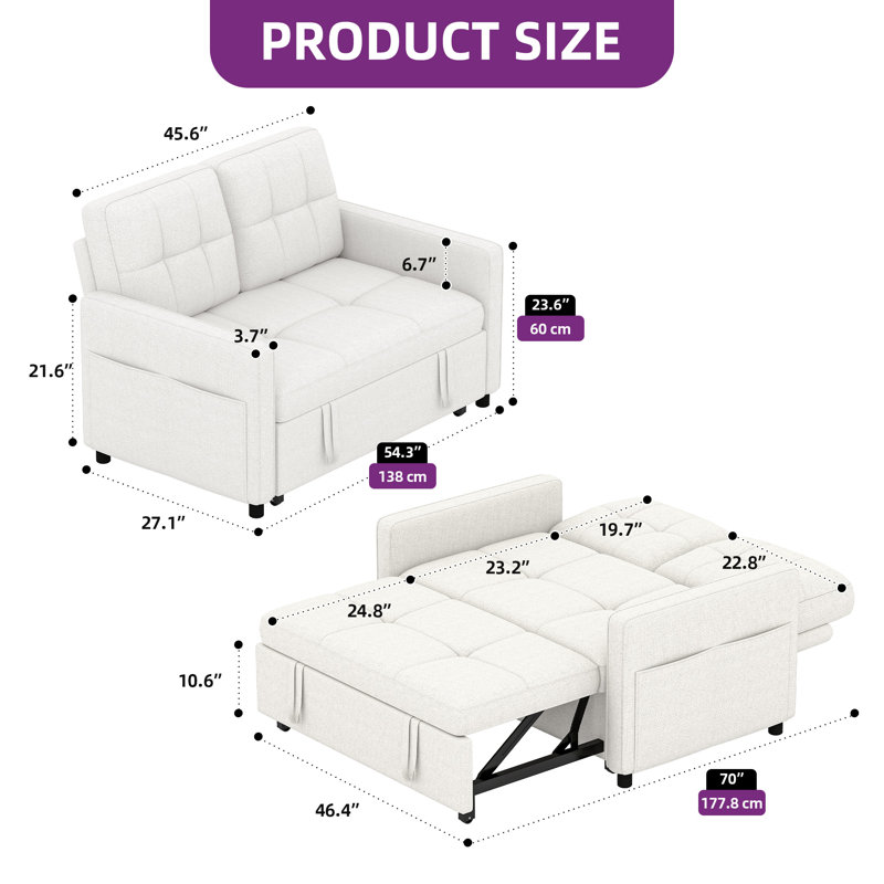 55" W Tufted Convertible Sofa Bed With Reclining Backrest & Side Pocket, Beige