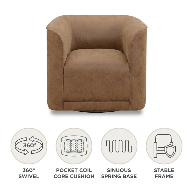 Upholstered Swivel Barrel Chair, Badlands Saddle Brown Performance Faux Leather