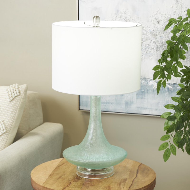 Cole And Grey Glass Textured Frosted Round Room Table Lamp With White Drum Shade And Silver Base