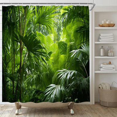 Tropical Rainforest Jungle Shower Curtain With Palm Leaf Design - Fabric Bathroom Decor Set Includes Hooks - Digital Printing For Vibrant Colours - Machine Washable Polyester Material