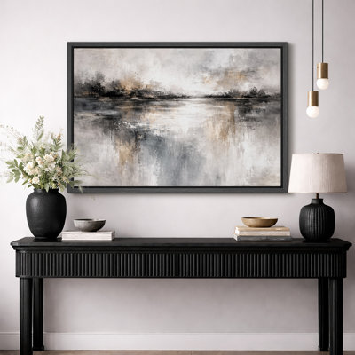 «Abstract Neutral Grey Misty Reflection», œuvre d'art moderne sur toile encadrée, impression sur toile