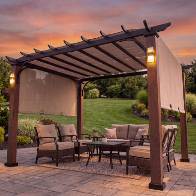 Pergola SUNJOY 11x11 en acier à effet bois par transfert thermique avec 4 lampes solaires, auvent coulissant et poteaux surdimensionnés