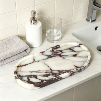 Organisateur de porte-serviettes 100% naturel Calacatta Viola en marbre pour salle de bain, coiffeuse et comptoir de maquillage, ovale 10 x 5 x 0,7 pouces
