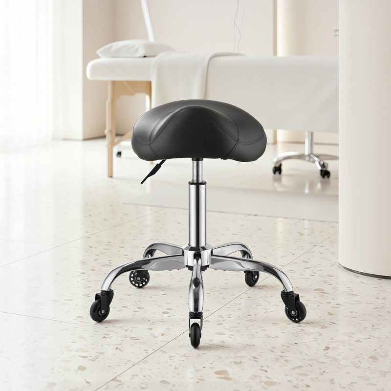 Saddle Stool with Wheels, 500 lbs Weight Capacity, Height Adjustable, Quiet Casters, Ergonomic PU Leather Seat, 360° Swivel Saddle Stool Rolling Chair for Salon, Spa, Bar, Home, Medical, Black