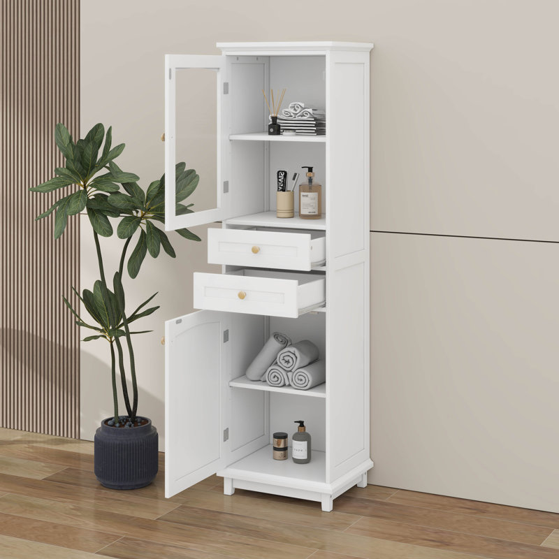 Maximize Storage With Tall Bathroom Storage Cabinet, Adjustable Shelves And Glass Doors, White