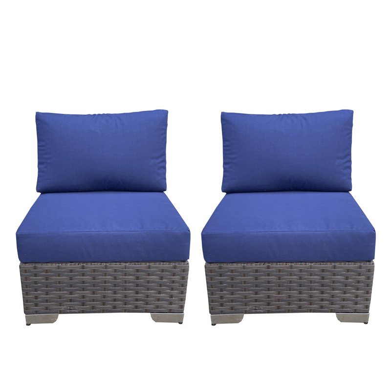  Armless Outdoor Patio Wicker Chairs with Cushions, set of 2, 330 LBS All-Weather Porch Lounge Chairs with Removable Washable Cushions for Backyard, Deck, Garden, Navy Blue