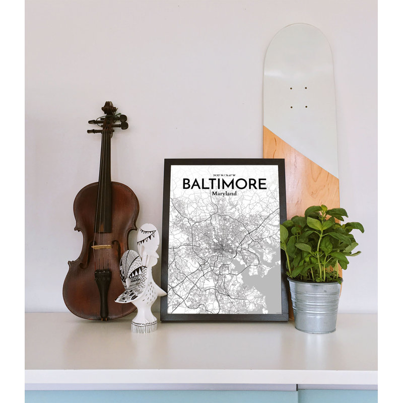 Baltimore City Map, reproduction d'impression sur affiche en blanc / gris, H 17 po x l 11 po