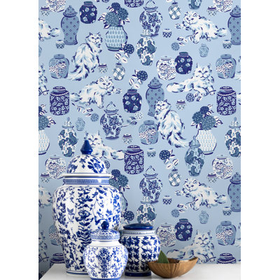 Fancy Cats Blue Peel and Stick Wallpaper