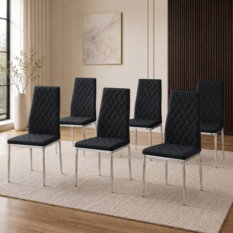 Modern Diamond Tufted Faux Leather Upholstered Dining Chair, Black, 6