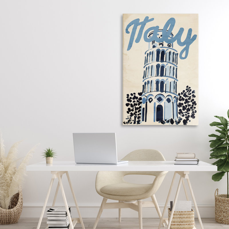 Toile de voyage bleue et beige en Italie, design par Annabelle Hall, H 30 po x l 20 po
