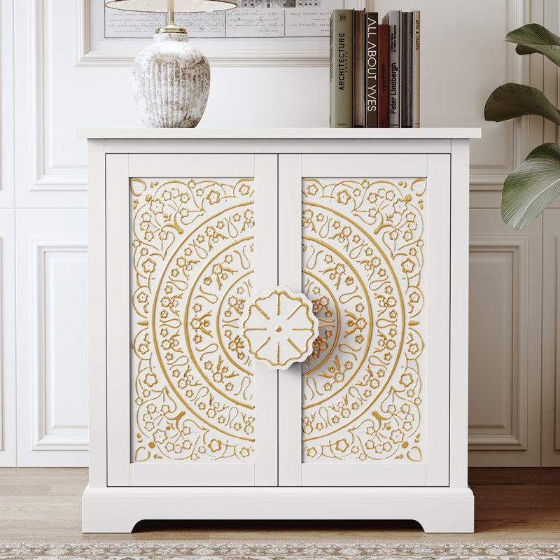 31.5''Vintage Sideboard with Hand-Gilded Embossed Doors with Adjustable Shelves, White