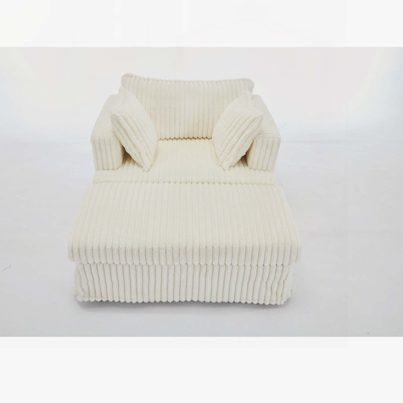Oversized Corduroy Chaise Longue With Ottoman, White Corduroy