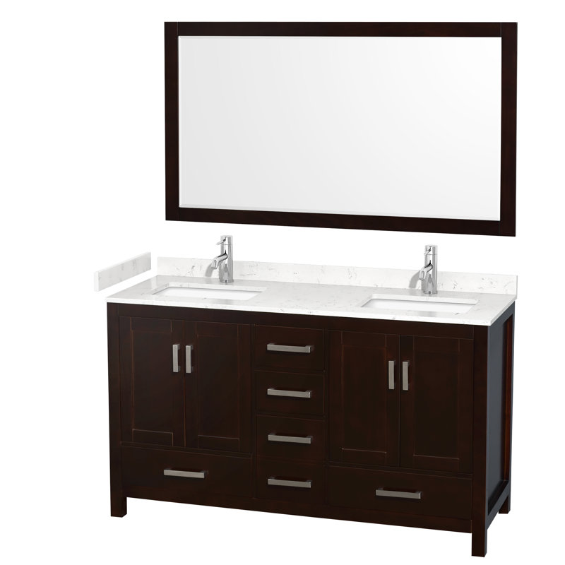 Sheffield 60" Freestanding Double Bathroom Vanity with Cultured Marble Top with 58" Mirror, Carrara Cultured Marble, Espresso