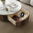 35.5" Modern Round Coffee Table, Glossy White Sintered Stone Table top, Brown Solid Wood Coffee Table for Livingroom