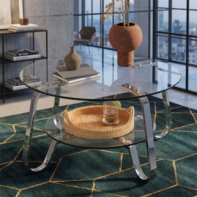 Table basse 31,5 "à double couche en verre trempé rétro avec cadre en métal