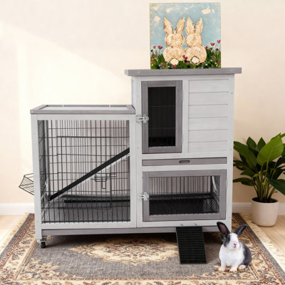 Indoor Rabbit Hutch, Outdoor 2-Storey Wooden Bunny Cage on Wheels for Rabbits, Guinea Pigs and Small Animals