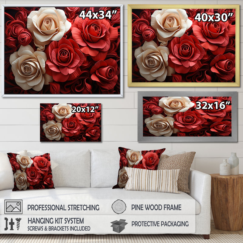 «Red and White Classic Rose Reson - Roses», art mural, Cadre flottant doré, H 24 po x l 32 po x P 1 po
