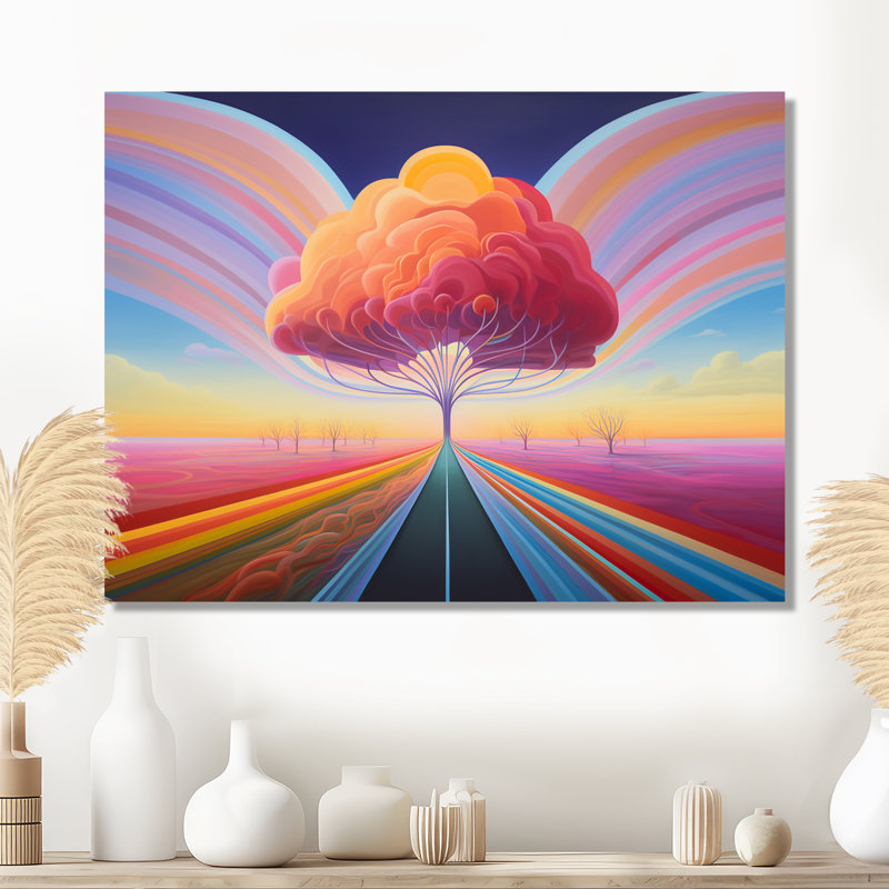 «Pastel Country Road Pink Majestic Tree Sunset», art mural abstrait, Métal métal, H 30 po x l 40 po x P 1,5 po