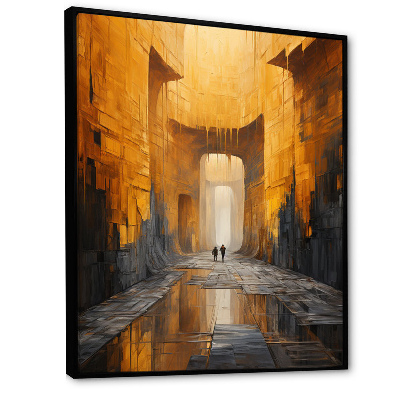 Tunnel abstrait jaune et gris sur toile, H 32 po x l 24 po x P 1 po, Cadre flottant noir