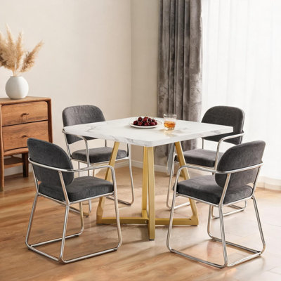 Table de salle à manger carrée de style rétro avec structure en métal, plateau en panneau de fibres à densité moyenne blanc, pieds dorés, sièges 4-6, cuisine industrielle ou bureau