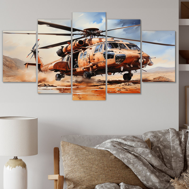 Hélicoptère militaire dans le désert de la guerre du Golfe - impression d'art mural militaire - 5 panneaux