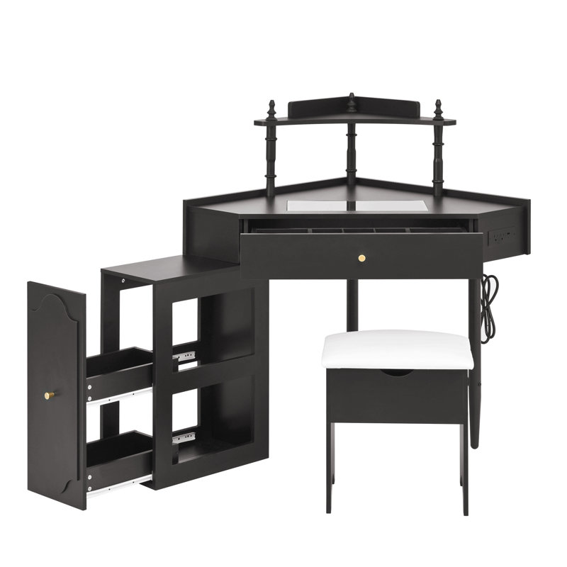 Corner Vanity Desk Set With Storage Cushioned Stool And Charging Station, Triangle Makeup Desk With Removable Pull-Out Side Cabinet, Glass Tabletop Makeup Vanity Desk With Drawer And Shelf