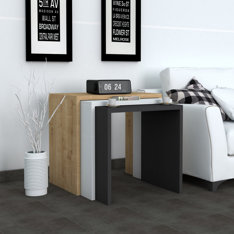 Modern Nesting Table Set (3 Pieces), Anthracite & Oak Finish, 19.7 x 15.7 x 11.6 inches | 100% Melamine Coated Particle Board, Thickness: 0.7 inches | Stylish & Functional Design for Living Room, Home Office, & Study Spaces