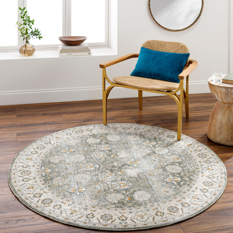 Tapis oriental tissé à la machine Delyse en polyester olive / doré / beige / gris, Rond 7 pi 10 po