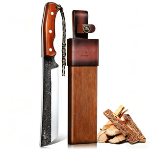 7.5" Heavy Duty Bushcraft Knife, Full Tang Forged Carbon Steel Chopping Cleaver With Wooden Sheath