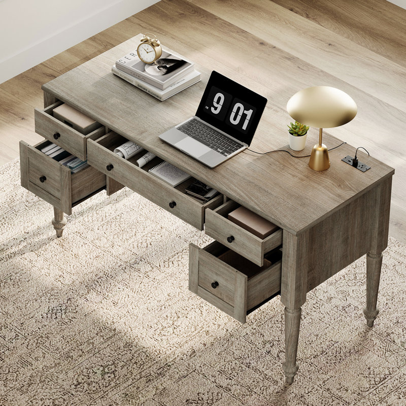 2 - Piece Office Set, 56" Executive Desk & Set Of 2 Bookcases With Glass Doors, Wash Grey