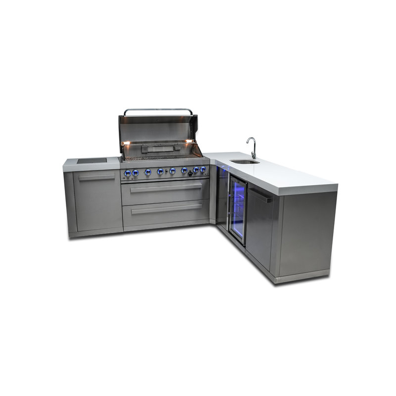 Mont Alpi 6-Burner 90 Degree Stainless Steel Island BBQ Grill + Faucet & Sink Combo + Refrigerator