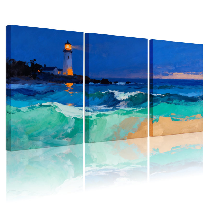 Nautique et plage, phare la nuit, océan, vagues, plage, ensemble de 3 impressions sur toile, H 18 po x l 36 po