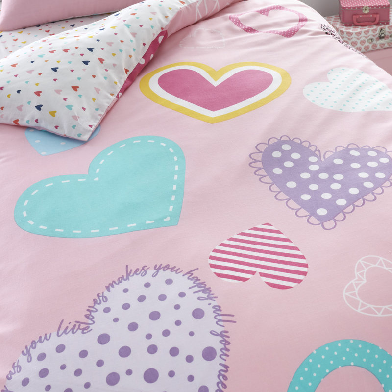 Kids Love Hearts Duvet Cover Set Cotton Blend Bedding Set with Pillowcases Soft Comfortable Quilt Cover Button Closure Easy Care Durable