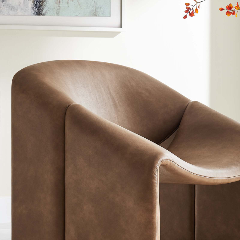 Vivi Brown Faux Leather Barrel Accent Chair with Metal Frame
