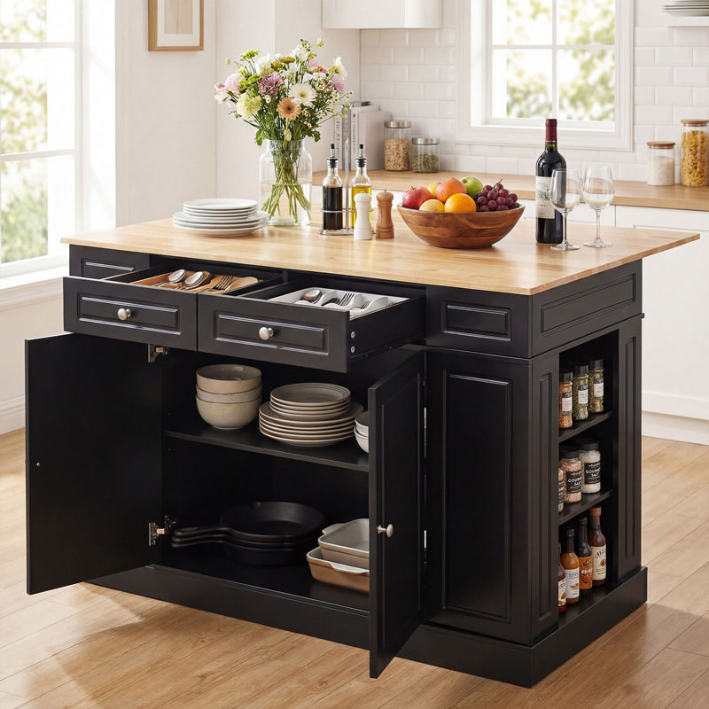 Red Barrel Studio Large Kitchen Island Drop Leaf Breakfast Bar W/ Wood Top Shelves Drawers Black, Black