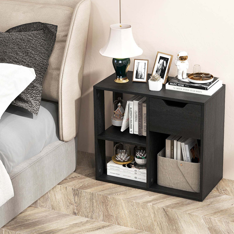 1 Pcs 3-cube Bookcase Organizer With 2-tier Wooden Storage Shelf & Pull-out Drawer