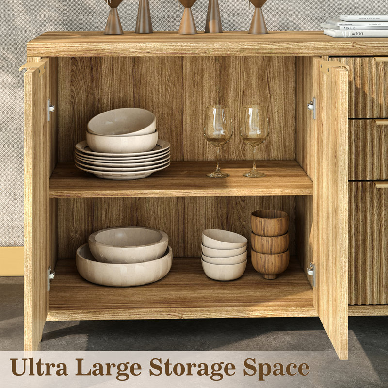 47" Wood Finish Striped Sideboard Buffet Cabinet with 3 Drawers and Adjustable Shelves