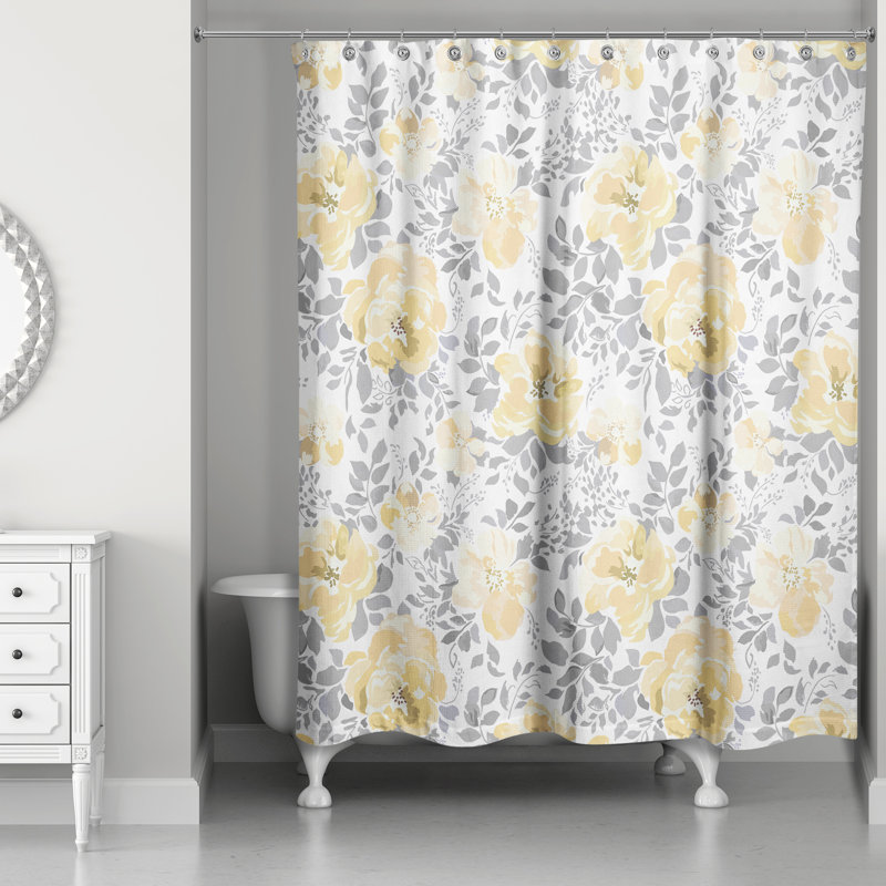 Rideau de douche simple à motif floral Daijon Meda, Jaune / Gris