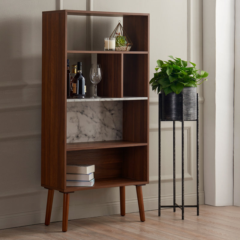 Kingston Mid-Century Modern White Walnut Bookcase with Faux Marble Top