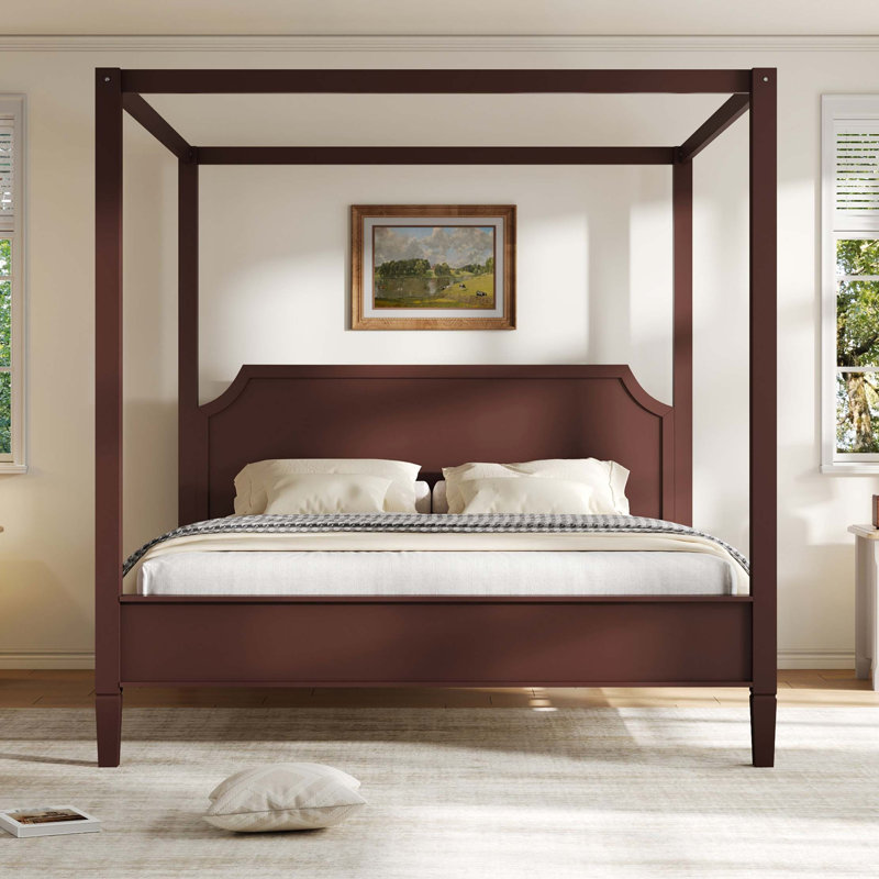 Lit plateforme à baldaquin en bois robuste avec tête de lit intégrée, Walnut